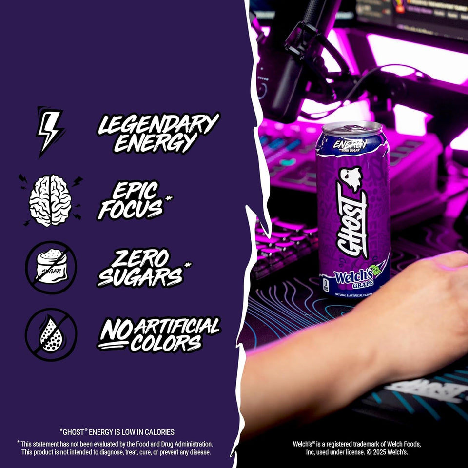 Energy Drink Welch's Grape – 200mg Natural Caffeine & Nootropic Focus Blend, Zero Sugar and No Artificial Colors, Vegan & Gluten-Free, 16 oz Cans (12-Pack)