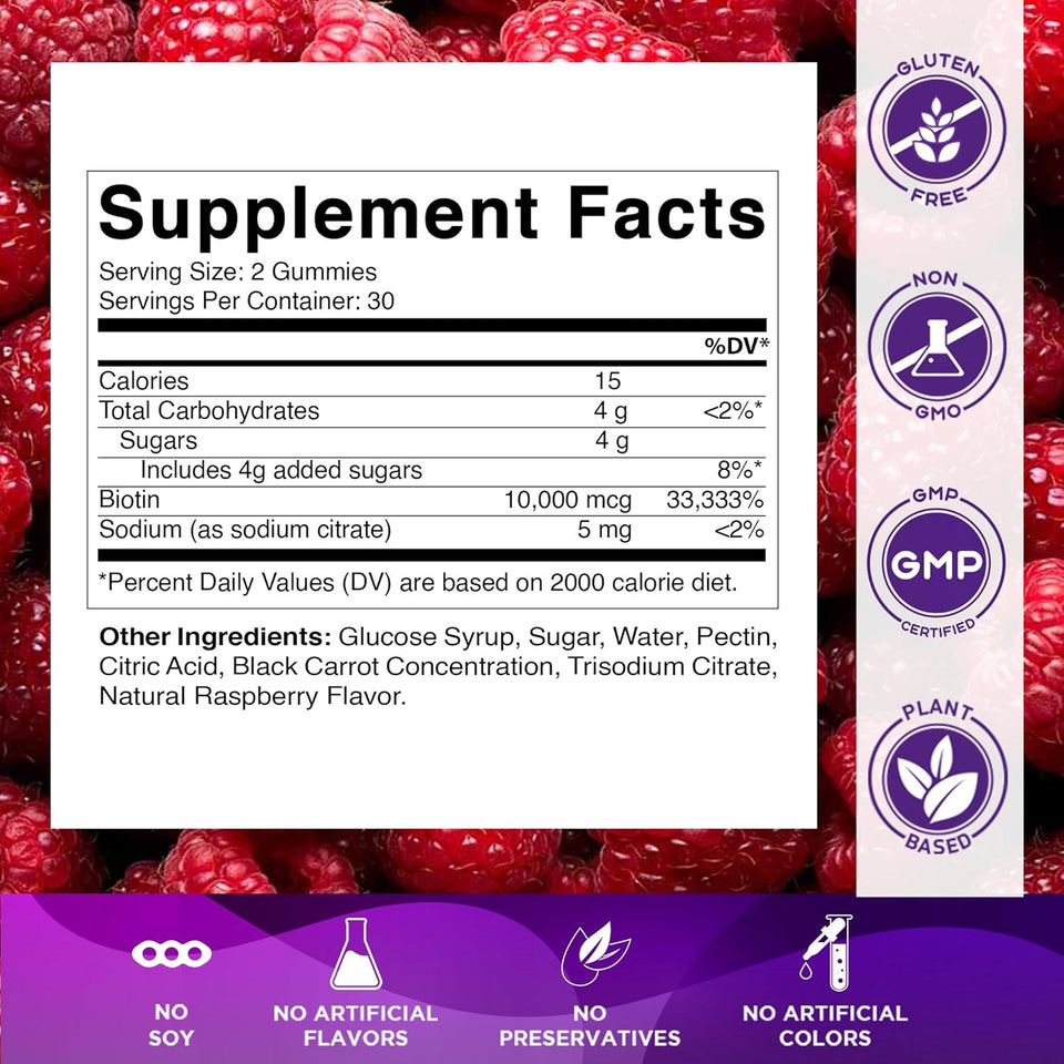 Vitamatic Biotin Gummies 10,000 mcg for Stronger Hair, Skin & Nails - 60 Vegan Gummies - Also Called Vitamin B7 (1 Bottle)