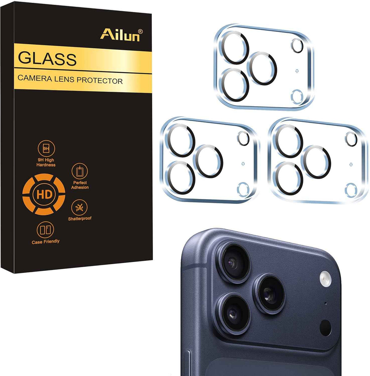 Ailun 3 Pack Camera Lens Protector for iPhone 16 Pro / 14 Pro & iPhone 16 Pro Max / 14 Pro Max,Tempered Glass,9H Hardness,Anti-Scratch,Case Friendly[Does not Affect Night Shots]