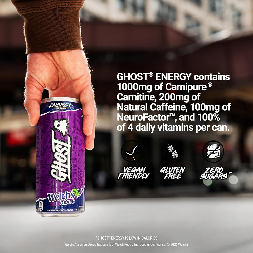 Energy Drink Welch's Grape – 200mg Natural Caffeine & Nootropic Focus Blend, Zero Sugar and No Artificial Colors, Vegan & Gluten-Free, 16 oz Cans (12-Pack)