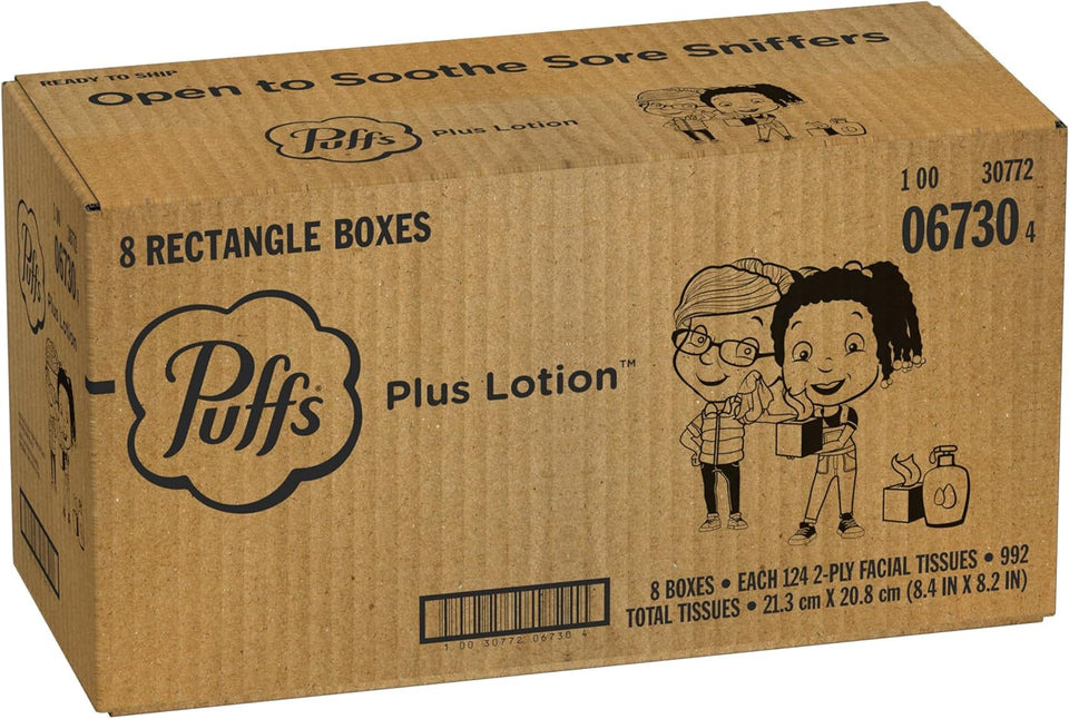 PLffs Plus Lotion Facial Tissues, 8 Family Boxes, 124 Facial Tissues per Box, Allergies and Colds
