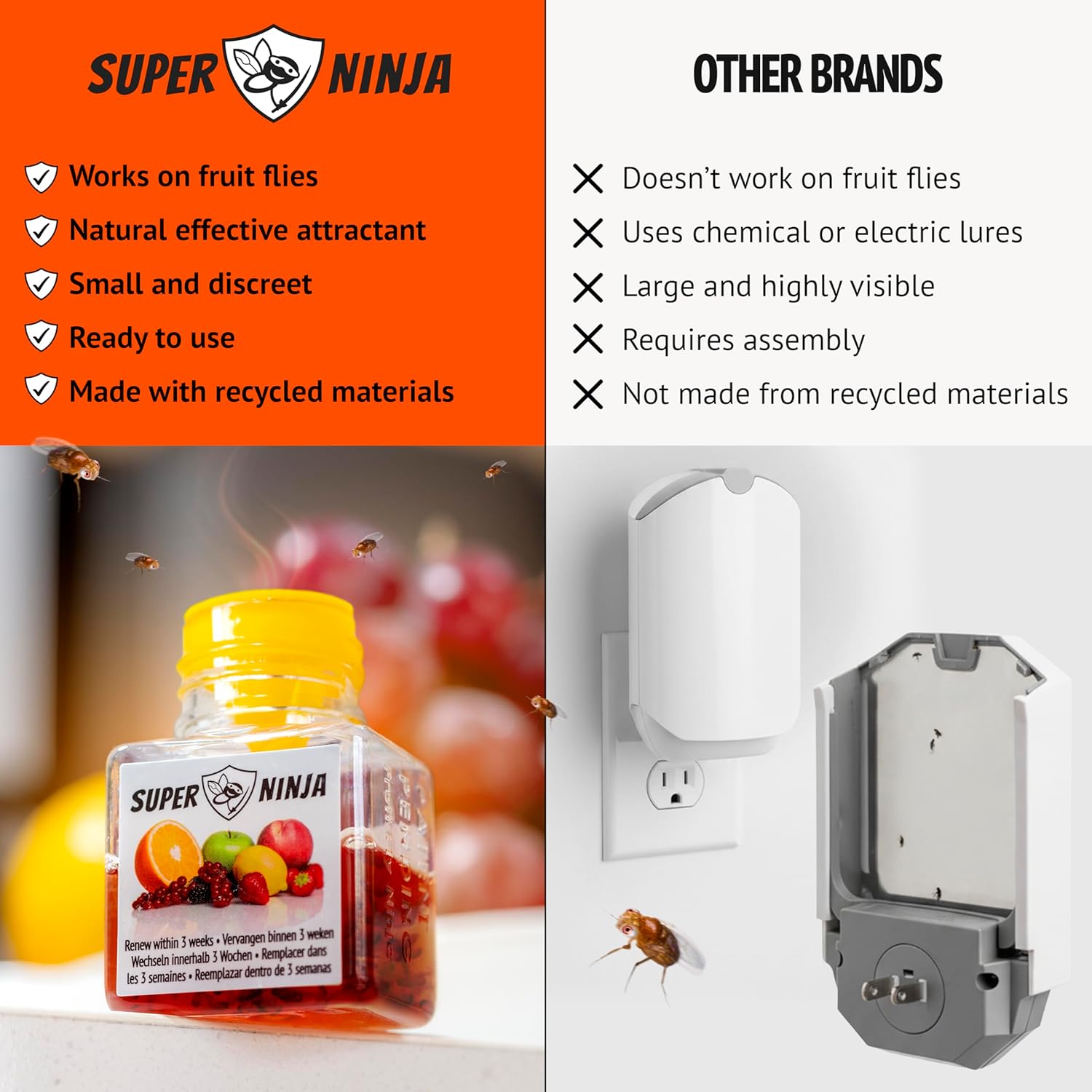 Super Ninja Fruit Fly Traps for Indoors - 4 Pack, Highly Effective Fruit Fly Catcher for Indoor Use for Home & Kitchen, Up to 3 Weeks of Performance per Bottle, Kid & Pet Friendly