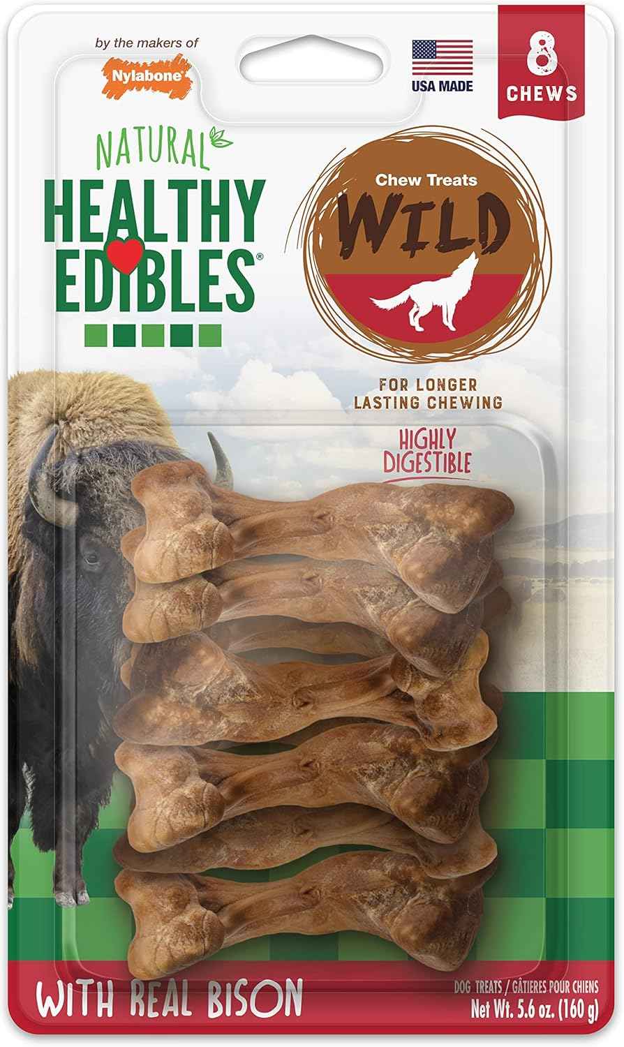 Nylabone Healthy Edibles WILD Natural Longer-Lasting Bison Flavor Bone Chew Treats for Dogs, Medium - Up to 35 lbs (2 Count)
