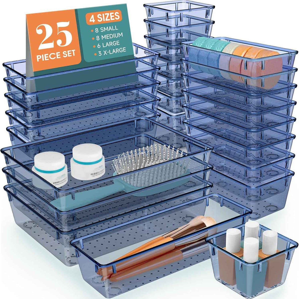 16 PCS Drawer Organizer Set, 5 Varied Size Bathroom and kitchen Drawer cabinet organizer Trays, Clear Storage Bins for Makeup, Jewelry, Utensils and Gadgets