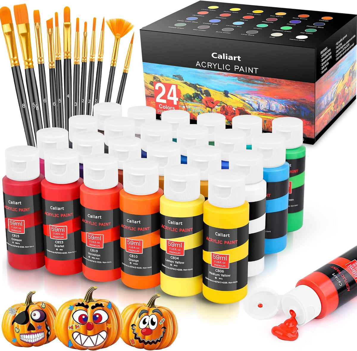 Caliart 24 Colors Acrylic Paint Set with 12 Brushes, Art Craft Paints Gifts Trendy Stuff for Adults Artists, Halloween Pumpkin Canvas Ceramic Rock Eggs Painting Kit Art Supplies
