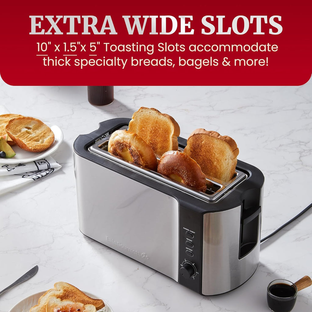 Elite Gourmet ECT-3100 4-Slice Long Slot Toaster | Extra Wide Slots for Bagels, Sourdough & Texas Toast | 6 Browning Settings | Reheat, Defrost & Cancel | Built-In Warming Rack | Stainless Steel