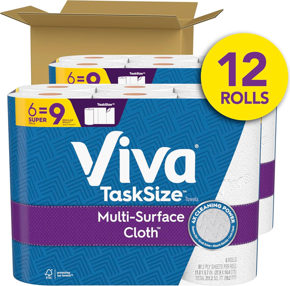 Viva Multi-Surface Cloth Paper Towels, Task Size - 12 Super Rolls (2 Packs of 6) - 81 Sheets Per Roll - PureLivingMart
