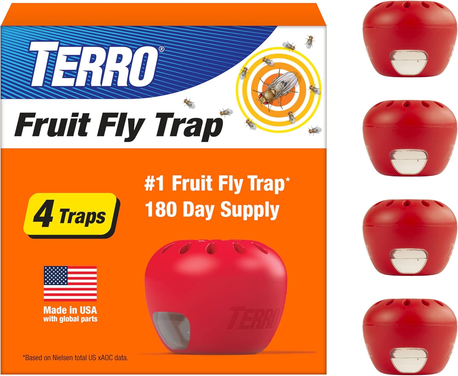 TERRO Fruit Fly Traps for Indoors (4 Pack) + 180 Days of Lure Supply - T2503SR - Lure and Kill Indoor Fruit Flies Near Fruit, Trash Cans, Countertops - Ready to Use Trap - 180 Day Supply