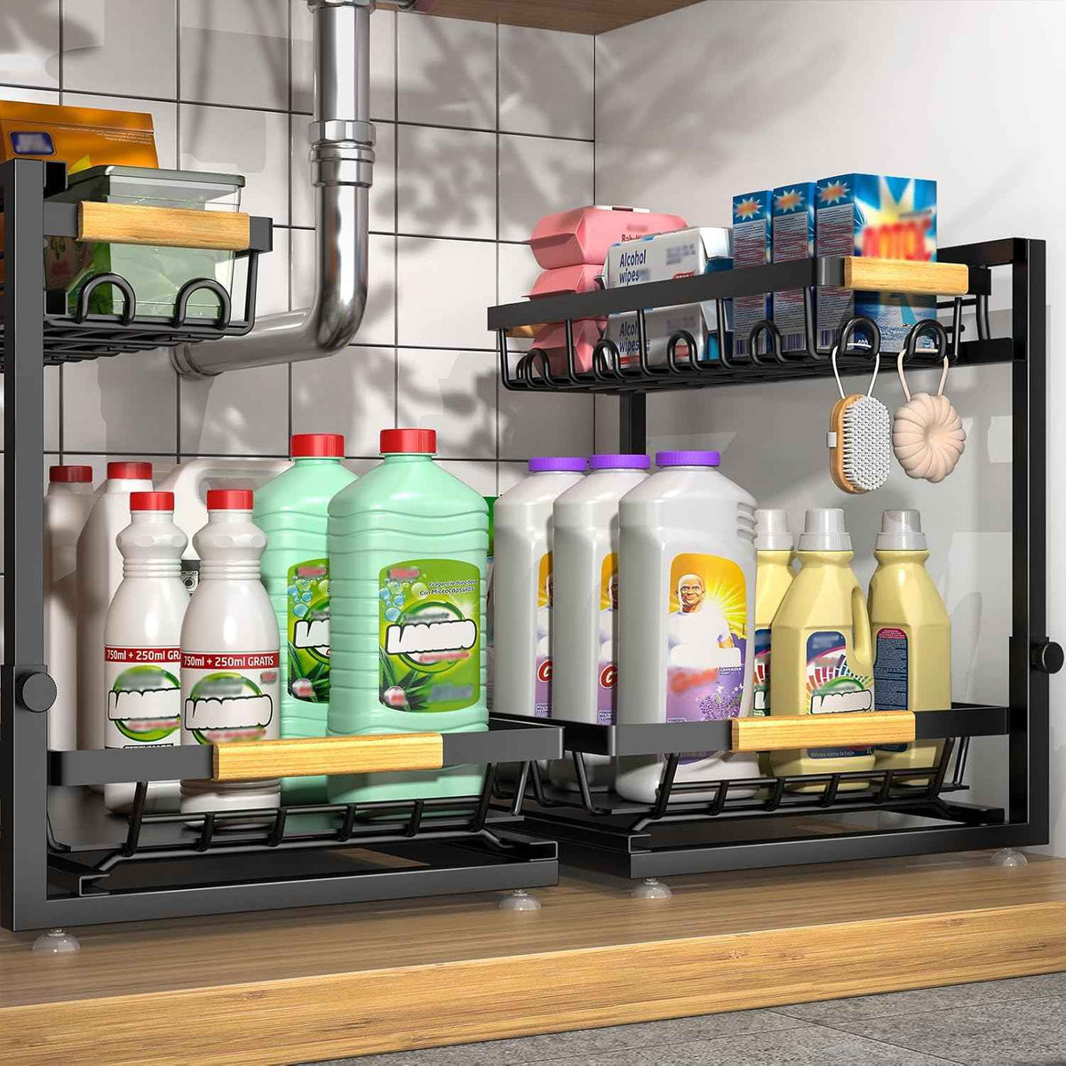 2 Packs Under Sink Organizer, 2026 Upgrade Height Adjustable 2 Tier Under Kitchen Sink Organizer, Multi-Purpose Storage Shelf