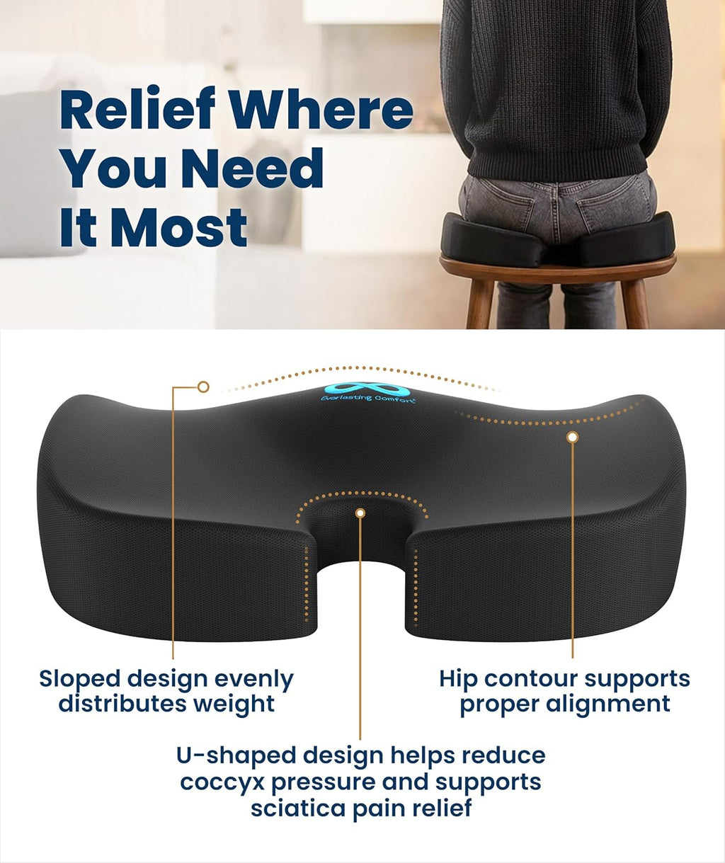 Everlasting Comfort Doctor Recommended Memory Foam Seat Cushion for Office Chairs & Car - Ergonomic Office Desk Accessories - Cushions for Tailbone Pain Relief, Sciatica (Black, Large)