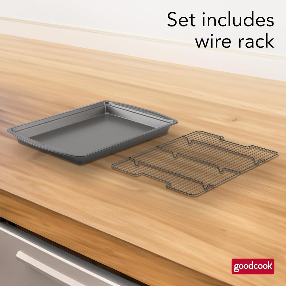 GoodCook 15” x 10.5” Nonstick Carbon Steel Baking Pan & Raised Wire Rack – Pizza Crisper, Crispy Bacon, MultiPLrpose Cooking Sheet Pan, Cooling Rack, Kitchen Cookware Set, Dishwasher Safe