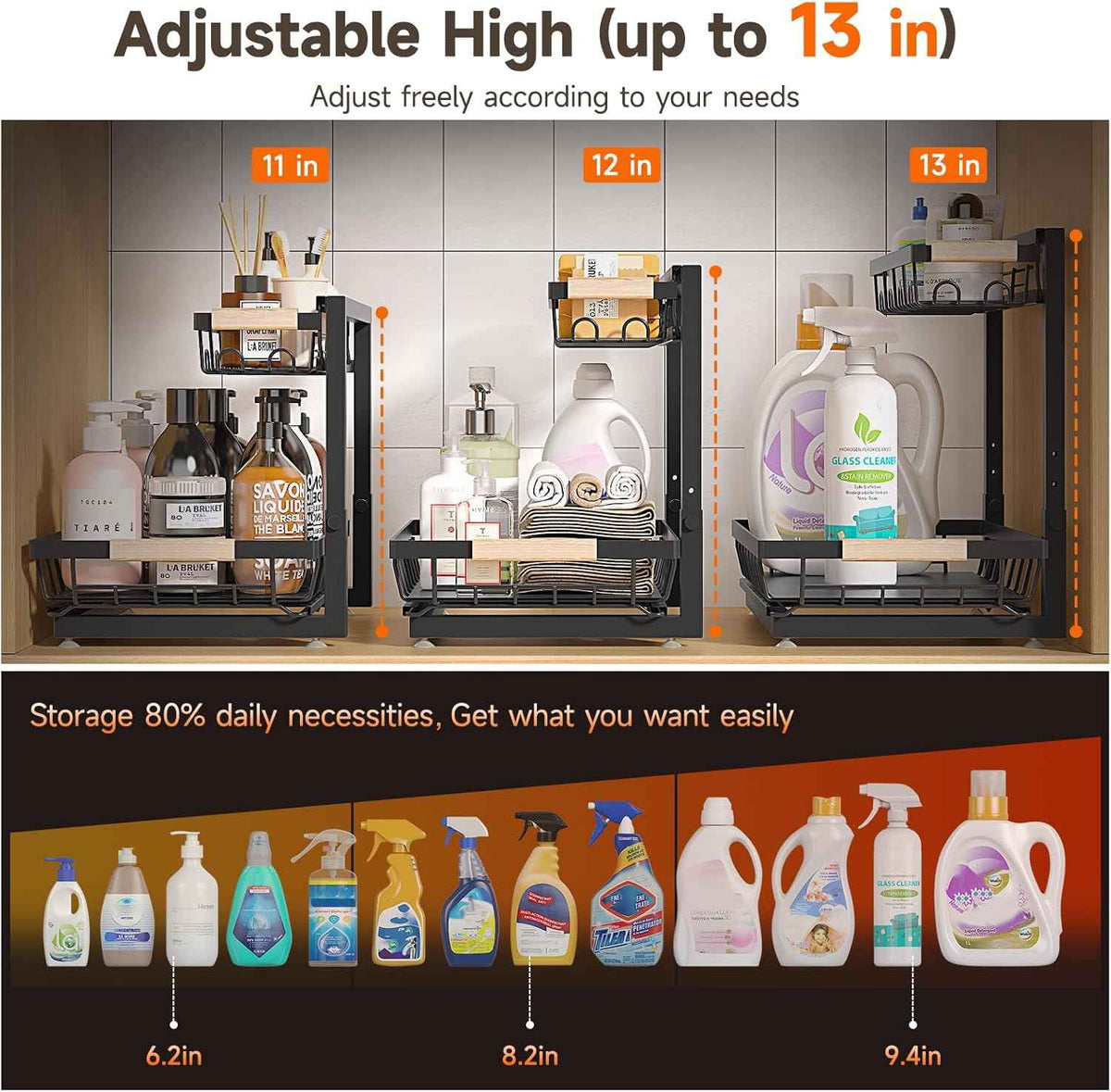 2 packs under sink organizer, 2026 upgrade, height adjustable, 2 tier, multi-purpose storage shelf