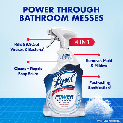 Lysol Power Foaming Bathroom Cleaner, Multipurpose Cleaner For Showers, Bathtubs, Sinks, Disinfectant Spray Kills 99.9% Of Germs, Zero Bleach Cleaning Spray, 32 Oz.