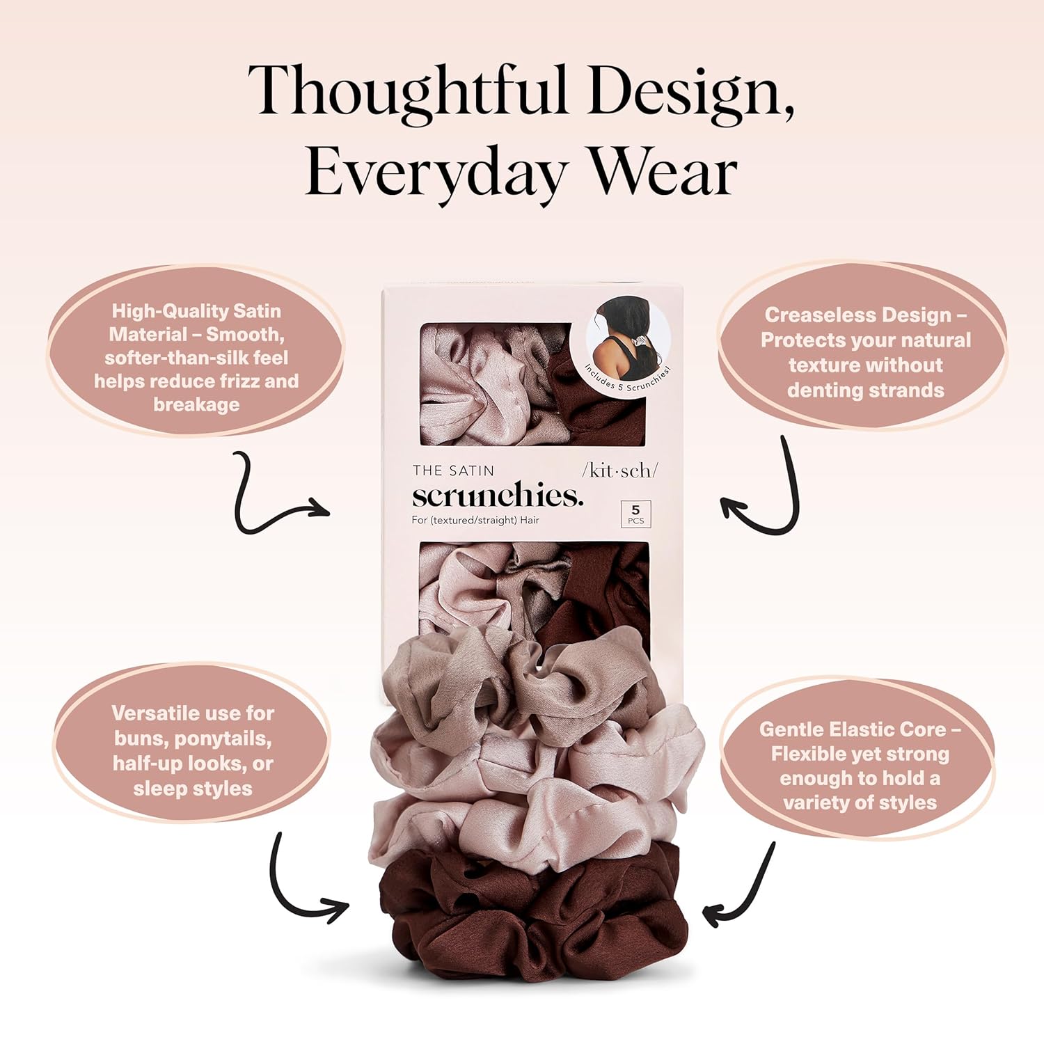 Kitsch Satin Scrunchies for Women - No Crease, Frizz Control | Softer Than Silk Scrunchies Gentle On Hair Scrunchies for All Hair Types | Stylish Hair Accessories College Essentials - Cameo, 5pcs