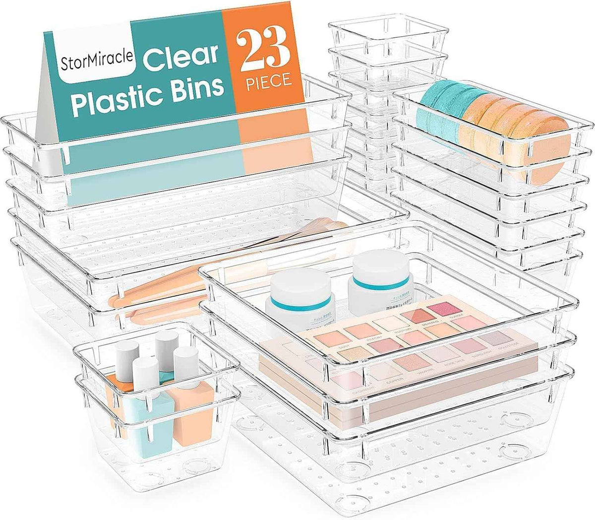 16 PCS Drawer Organizer Set, 5 Varied Size Bathroom and kitchen Drawer cabinet organizer Trays, Clear Storage Bins for Makeup, Jewelry, Utensils and Gadgets