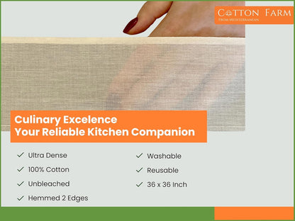 Cotton Farm Grade 100 XL Cheese Cloth - Straining & More; 36x36 Inch; 100% Unbleached Cotton Cheesecloth; Reusable with Hemmed 2 Edges; Ultra-Dense (the finest) Butter Muslin