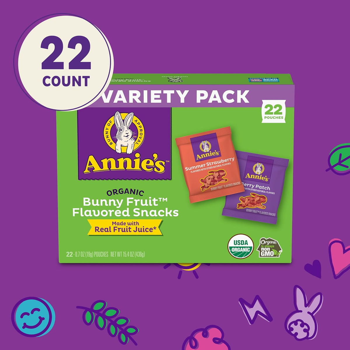 Annie's Organic Bunny Fruit Snacks Variety Pack 15.4 oz 22 ct Gluten Free Snack