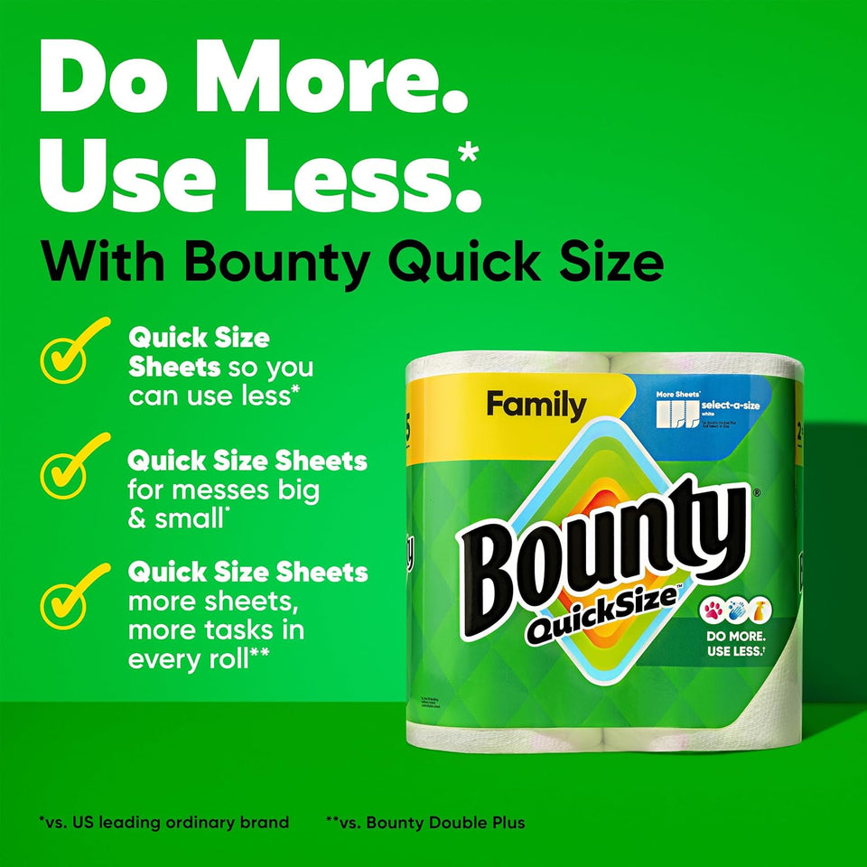 Bounty Quick Size Paper Towels, White, 8 Family Rolls = 20 Regular Rolls - PureLivingMart