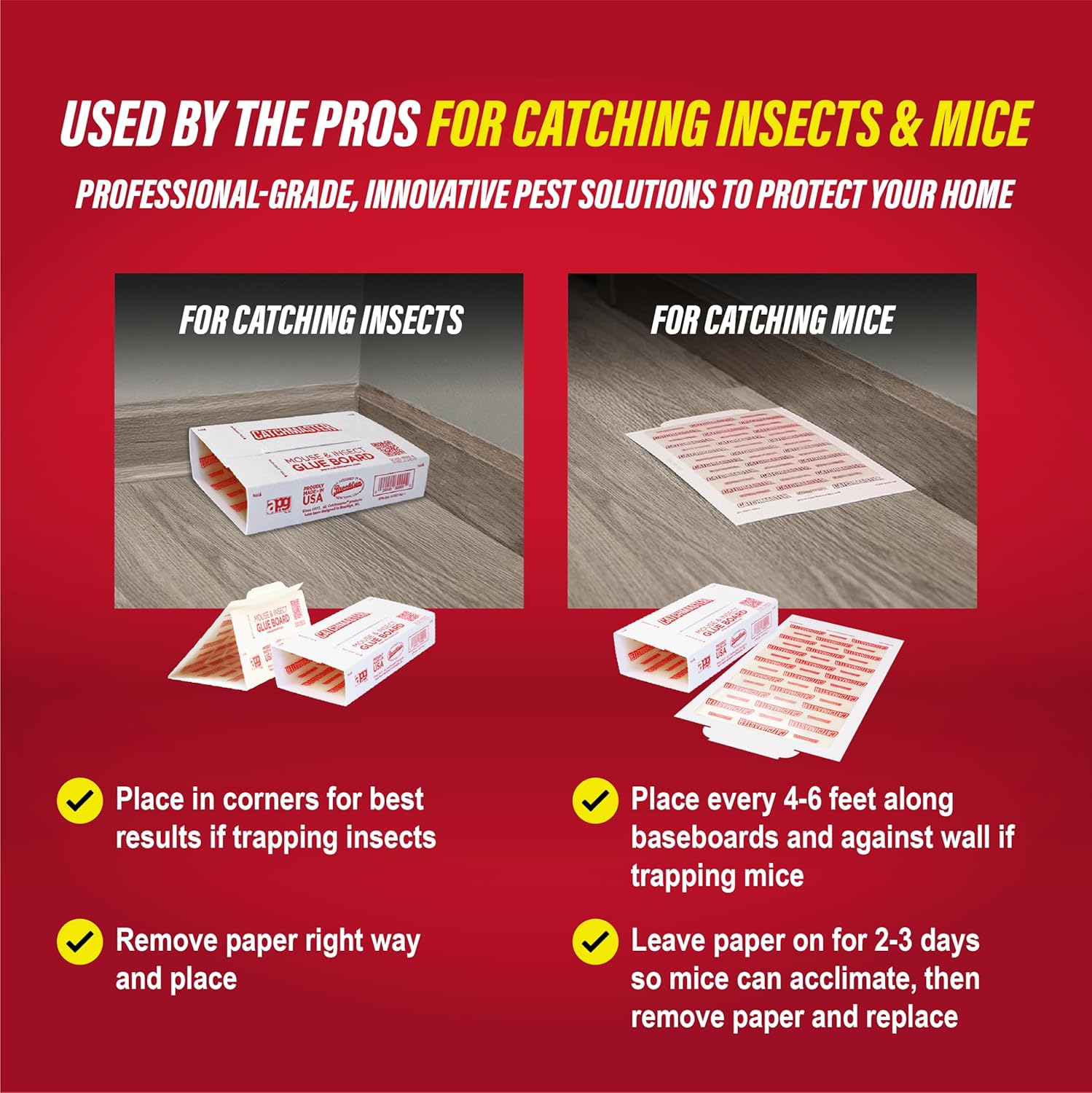 Catchmaster Sticky Insect & Mouse Traps 60-Count, 5.3"x8" Glue Boards for Mice & Insects, Ultra Sticky Rat & MouseTraps Indoor for Home Use in Garages, Basements & Attics, Pest Control for Home