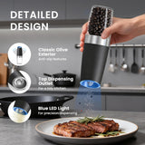 Gravity Electric Salt and Pepper Grinder set of 2, Automatic Salt And Pepper Grinder Set, Adjustable Roughness, Battery Powered, LED Light, 2 Pack, (Black)