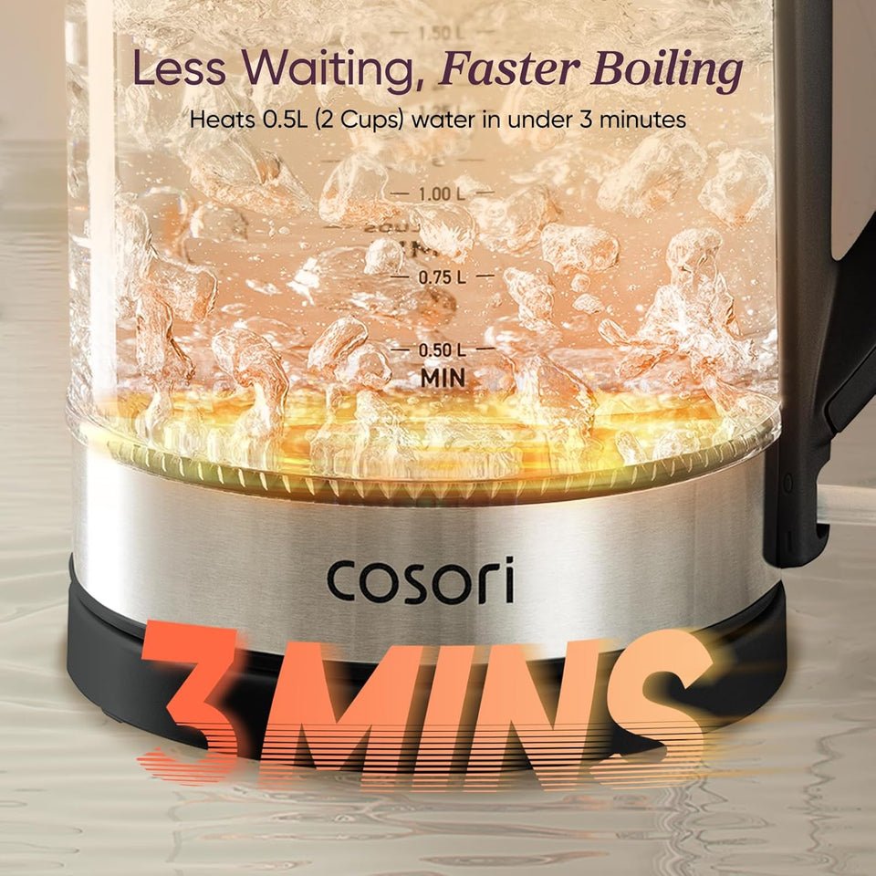 Cosori Electric Kettle, No Plastic Contact With Water, Wide Mouth For Easy Cleaning, Auto Shut Off, 1.7L Tea Kettle & Hot Water Boiler, Water Heater & Teapot, Borosilicate Glass, Black, 1500W