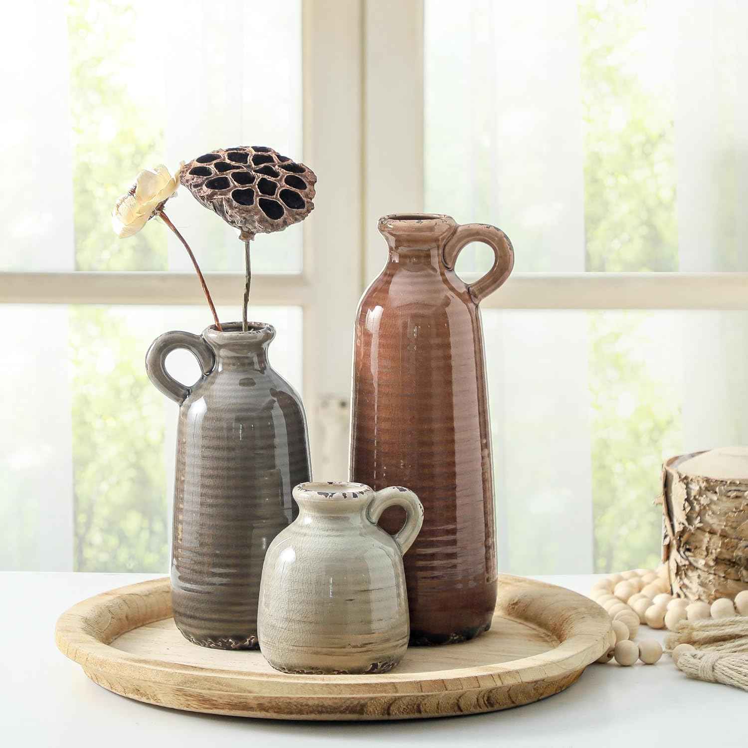 Ceramic Vases Set of 3, Neutral Rustic Farmhouse Vase with Handle, Decorative Flower Vases Home Decor Modern Boho Pampass Vase for Table Mantel Entryway Shelf Living Room Kitchen Bathroom - Brown