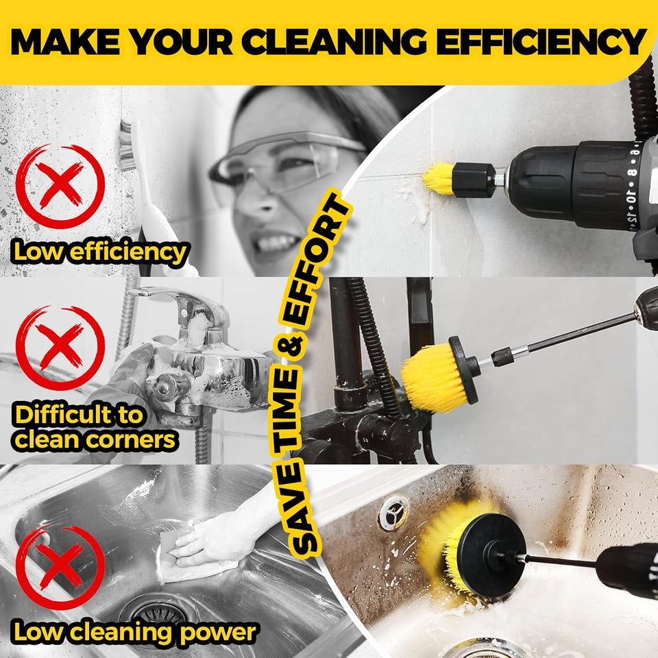 Holikme 6Pack Drill Brush Power Scrubber Cleaning Brush Extended Long Attachment Set All PLrpose Drill Scrub Brushes Kit for Grout, Floor, Tub, Bathroom and Kitchen Surface,Scratch Brushes（Yellow）