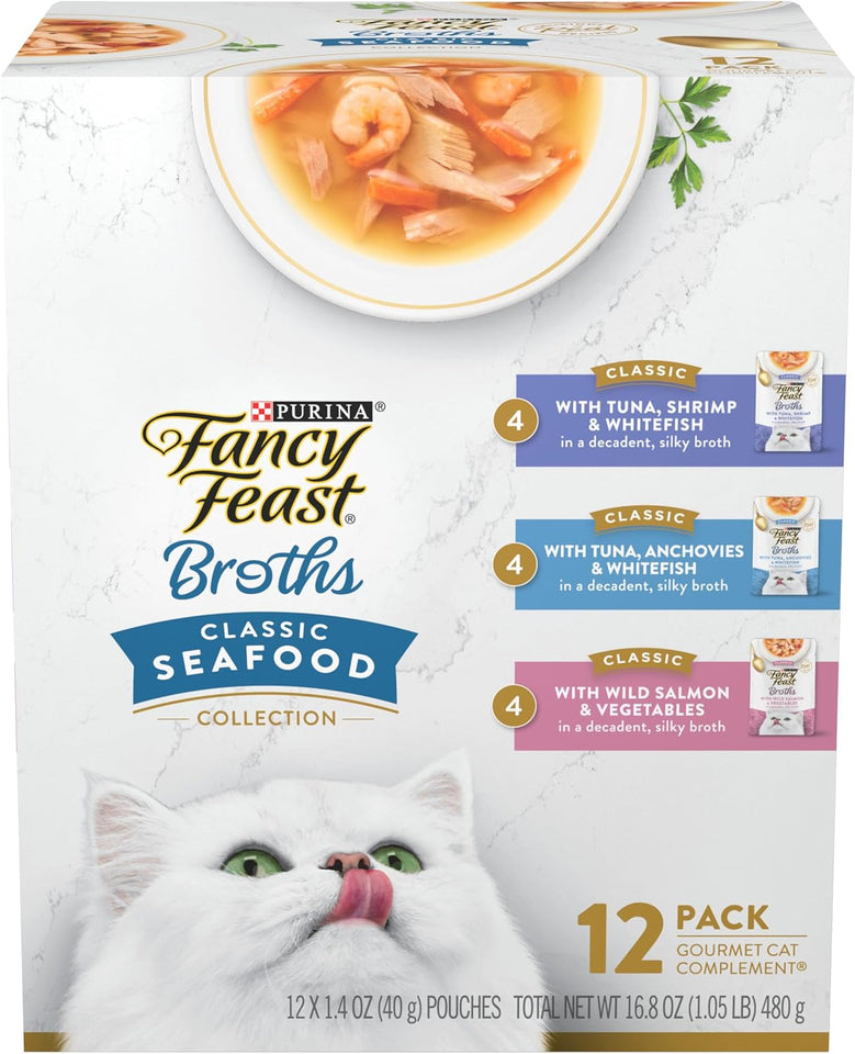 PLrina Fancy Feast Lickable Wet Cat Food Broth Complement Classics Collection Variety Pack - (Pack of 12) 1.4 oz. Pouches