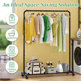 Simple Trending Clothing Rack for Hanging clothes, Portable Garment Rack with Bottom Shelf, Metal Clothes Rack on Wheels for Bedroom, Laundry Room, Black