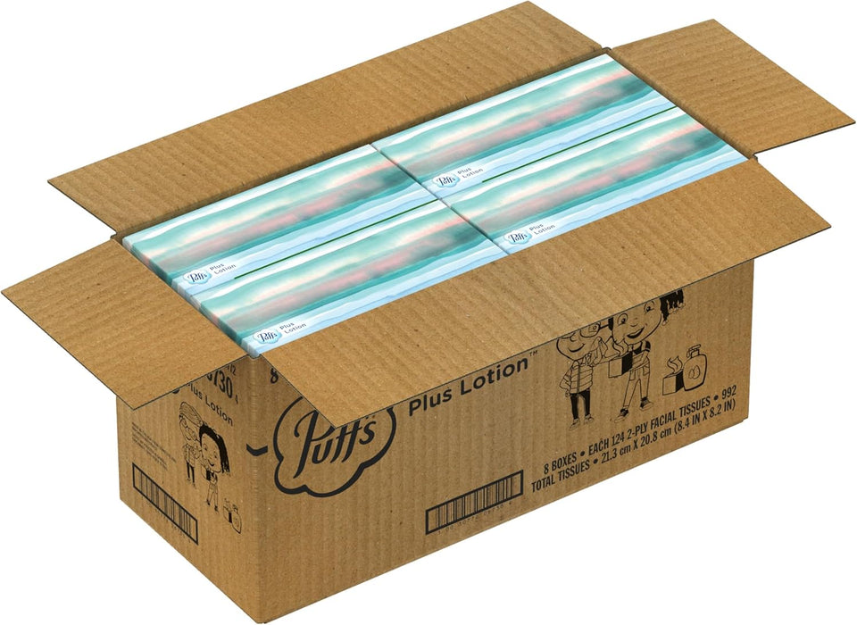 PLffs Plus Lotion Facial Tissues, 8 Family Boxes, 124 Facial Tissues per Box, Allergies and Colds