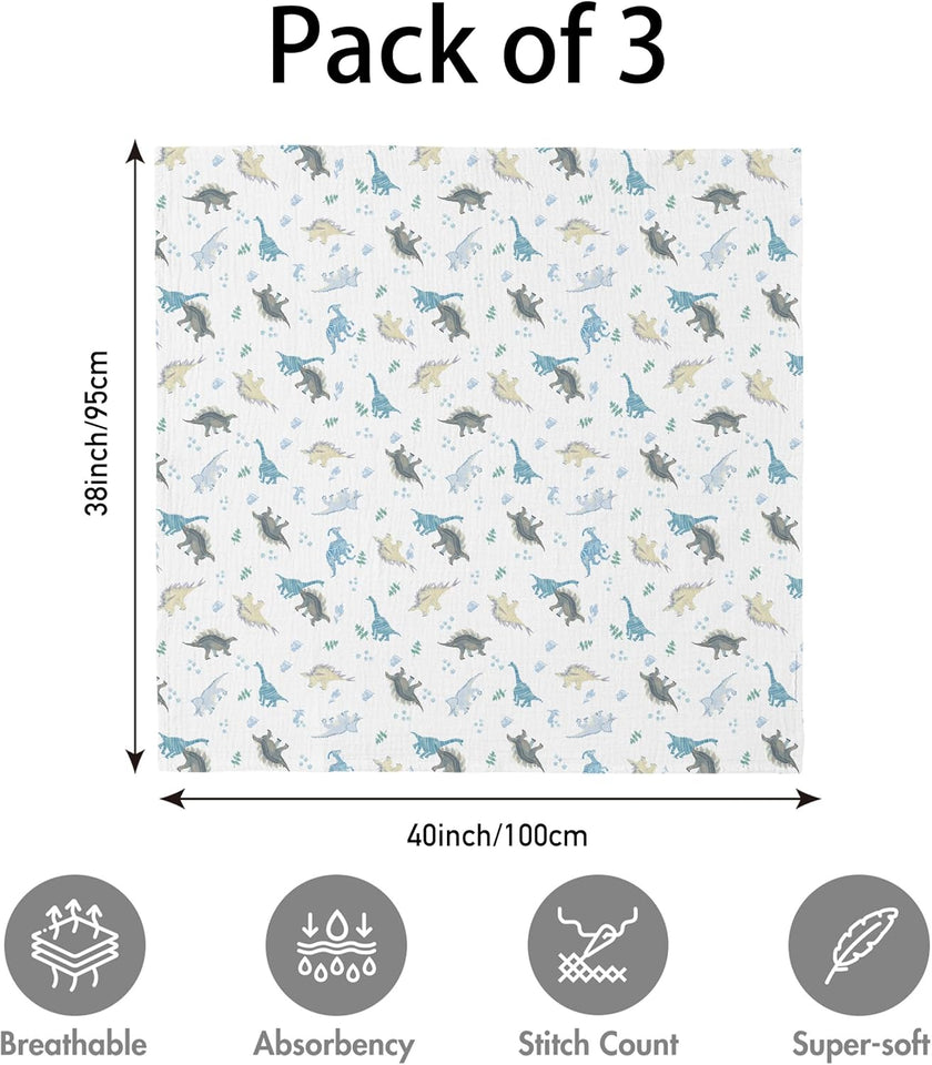 Muslin Swaddle Blankets for Newborn, 3 Pack Breathable Soft Receiving Blanket, Large 38 x 40 inches Swaddle Wrap Burping Clothes Diapers, Essentials Infant Shower Items, Toddler Gift (Blue Dinosaur)