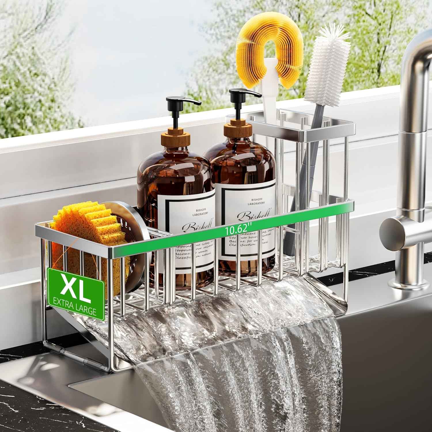 Cisily Sink Caddy Sponge Holder for Kitchen with Brush Holder and Stainless Steel Self Drain Tray, Rustproof Kitchen Sink Organizer for Sponge, Soap Dispenser Storage Accessories