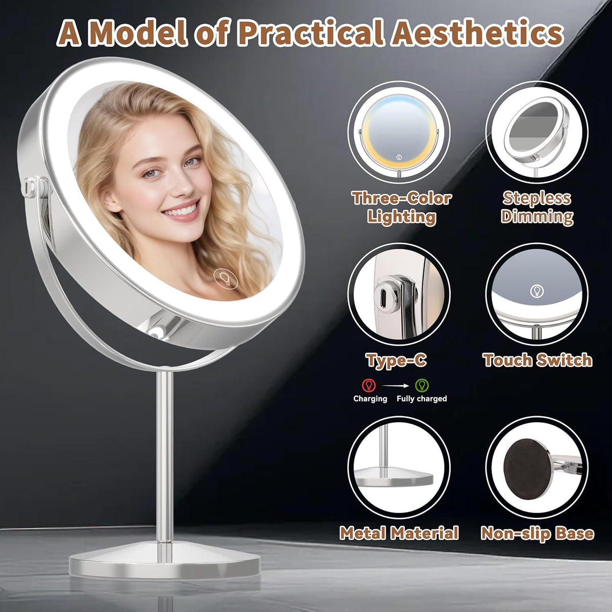 9" Magnifying Mirror with Light 1X/10X, Makeup Mirror with Light includes small mirror, 2000mAh Rechargeable, 360° Rotation, 3 Color Modes, Double-Sided, Ideal for Eyebrows, Lenses & Skincare