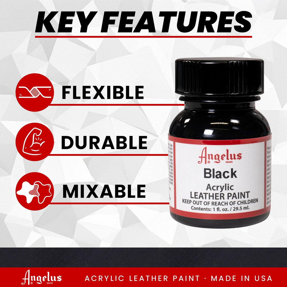 Angelus Acrylic Leather Paint, 1 Fl Oz, Black - Professional Flexible, Crack, Scratch, Peel Resistant Leather Paint for Shoes, Sneakers, Canvas, Furniture and Other Leather Projects