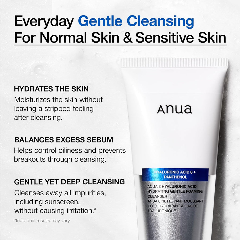 ANUA Hydrating Gentle Foaming Cleanser, Daily Face Wash for Double Cleansing, Hyaluronic Acid, Zinc, Panthenol, for Dry & Sensitive Skin, Sebum Balance Facial Cleanser, Korean Skincare, 5.07 fl. oz