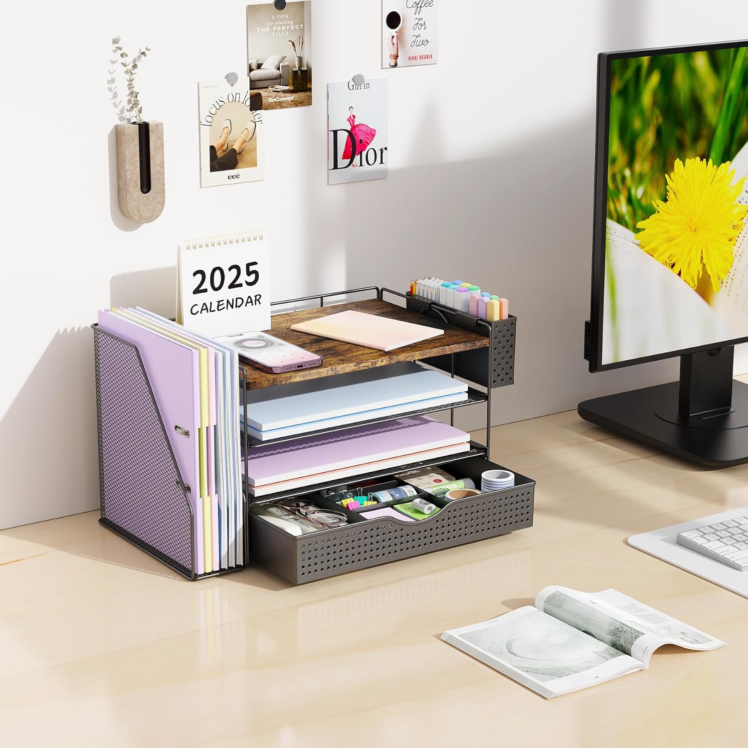 gianotter Wood Desk Organizers and Accessories with File Holder, 4-Tier Desk Accessories & Workspace Organizers with Drawer and Pen Holder, Desk Reference Organizer (Wood)