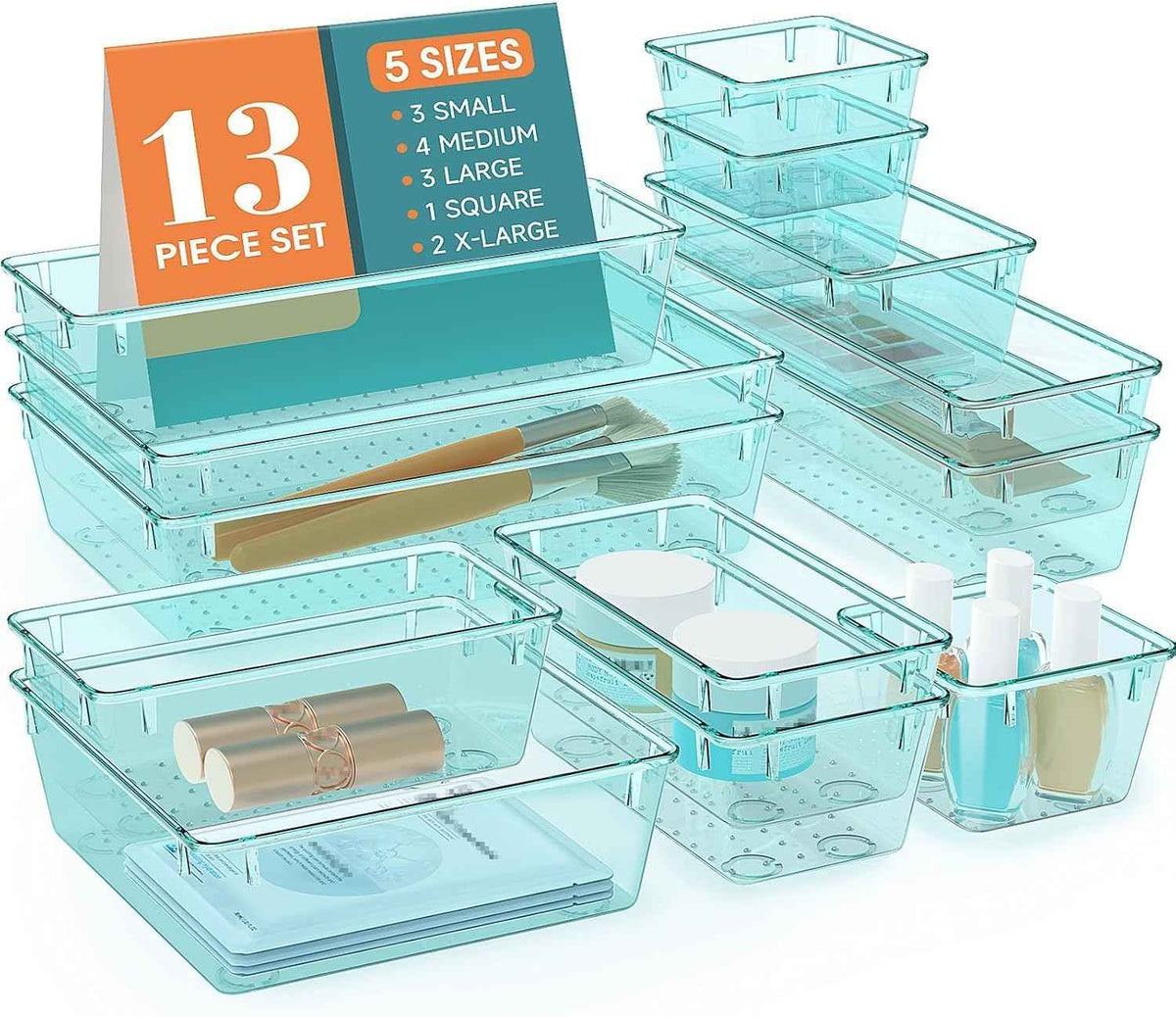 16 PCS Drawer Organizer Set, 5 Varied Size Bathroom and kitchen Drawer cabinet organizer Trays, Clear Storage Bins for Makeup, Jewelry, Utensils and Gadgets