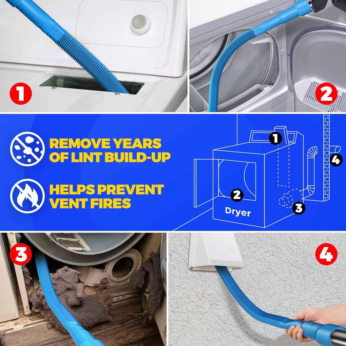 Holikme 2 Pieces Dryer Vent Cleaner Kit, Dryer Lint Vacuum Attachment and Flexible Dryer Lint Brush, Dryer Vent Vacuum Hose Attachment,Blue