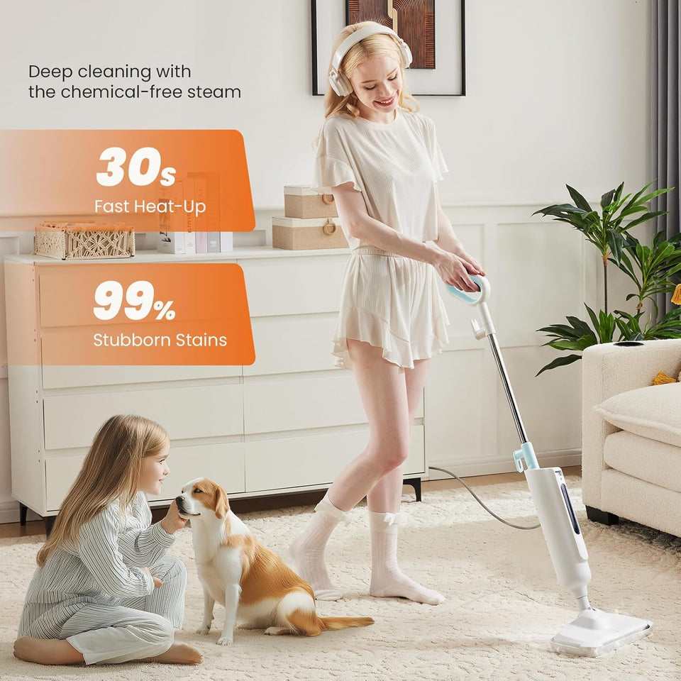 Sweetcrispy Steam Mop for Floor Cleaning,Lightweight Floor Steamer Cleaner for Hardwood/Tile/Laminate Floors Carpet, 2 Washable Pad,White and Grey
