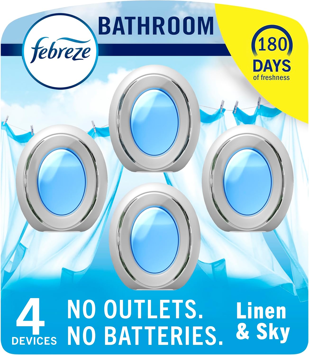 Febreze Bathroom Air Freshener Odor-Fighting for Small Spaces Scented Plug In Alternative Long-Lasting for Home and Bathroom and Kitchen Closet Air Fresheners, Linen & Sky Scent, 4 Count