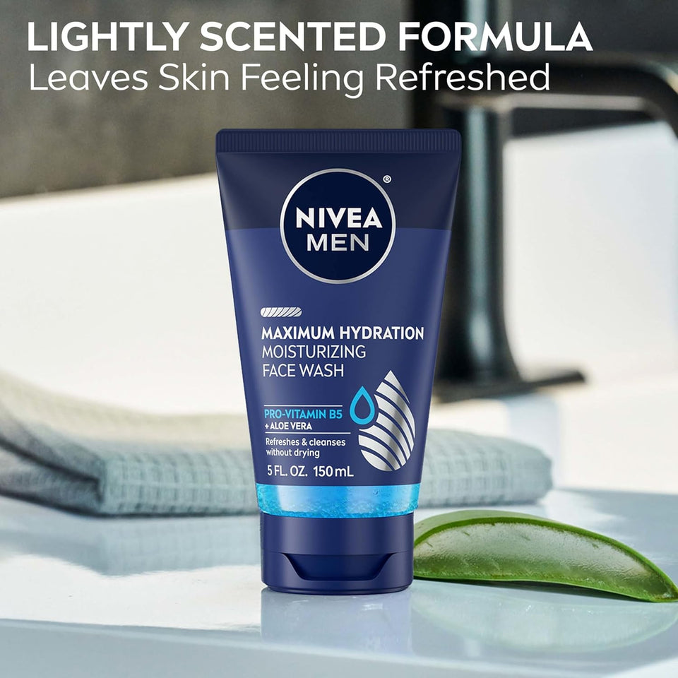 NIVEA MEN Maximum Hydration Face Wash, Face Wash with Provitamin B5 and Aloe Vera, Refreshes and Cleanses without Drying, 5 Fl Oz Tube