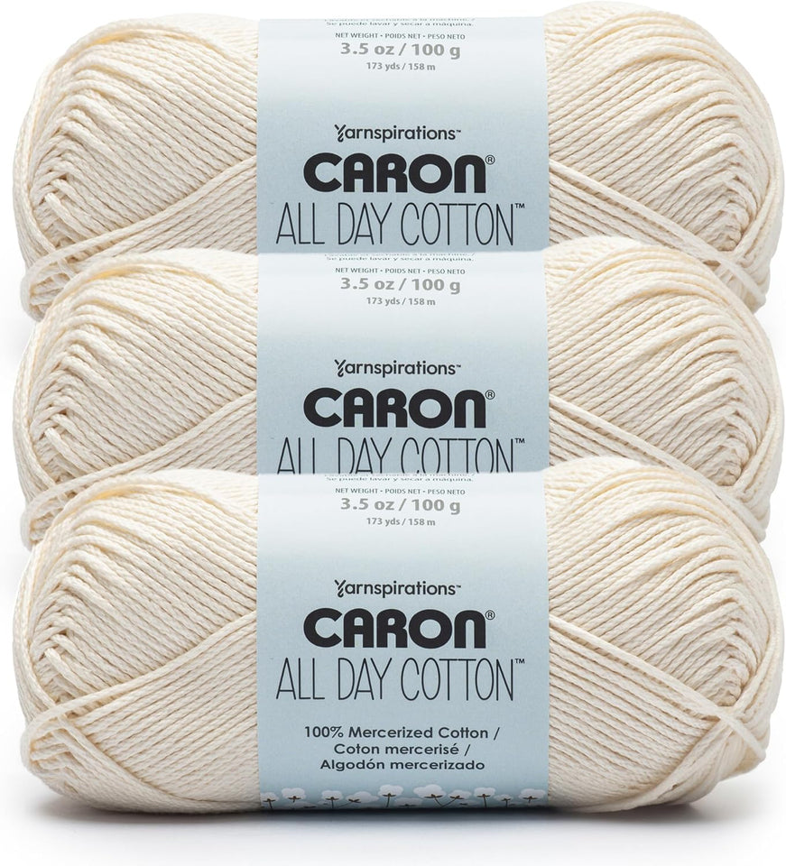 Caron All Day Cotton - 3 Pack of 173 Yards/3.52 oz Cream 100% Mercerized Cotton Yarn
