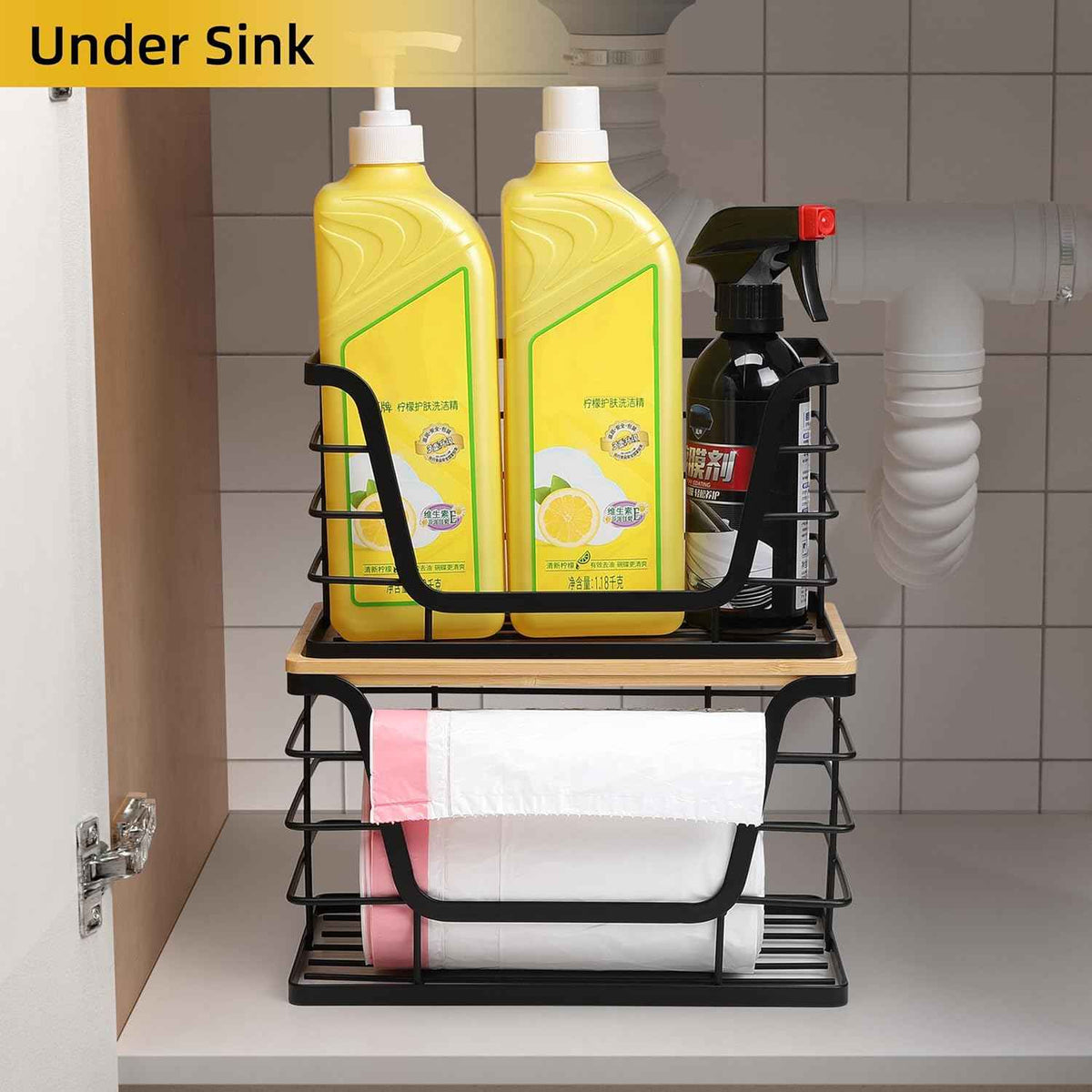 Bamboo Storage Organizers by ALOCEO 2 Pack Stackable Kitchen Laundry with Trash Bag Holder and Small Garbage Bag Dispenser