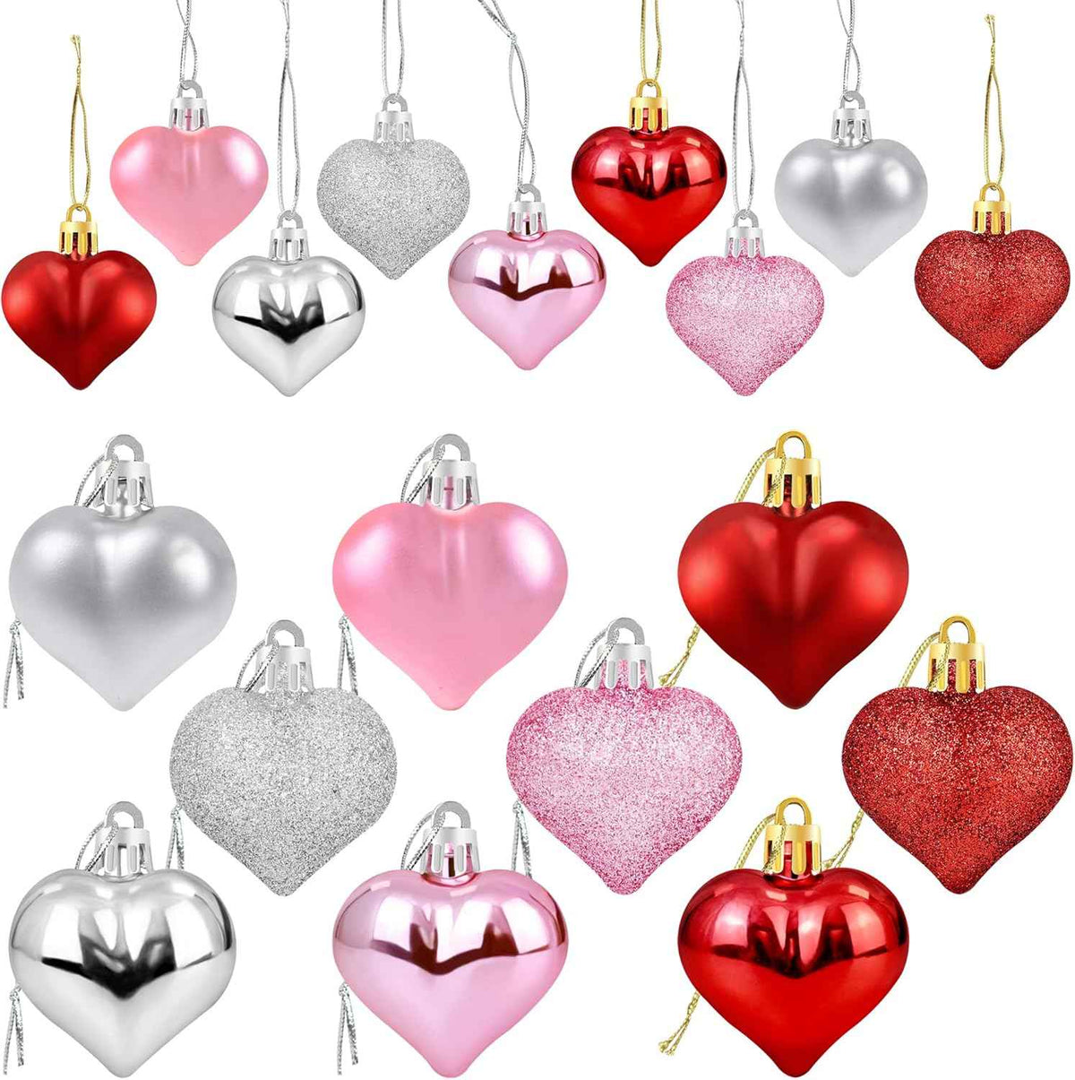 36Pcs Valentines Heart Shaped Ornaments - Valentines Heart Decorations - Red Pink Silver Glitter Heart Shaped Baubles - Romantic Christmas Valentines Tree Hanging Decorations