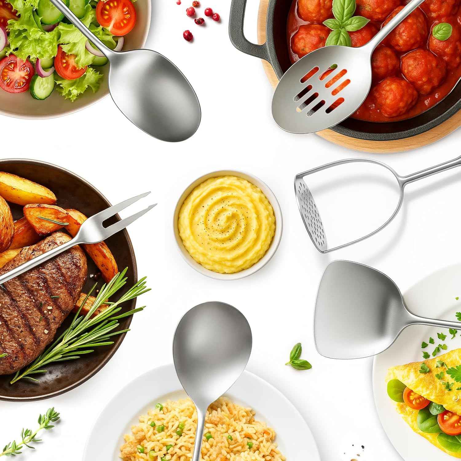 Newness 16 Pcs Cooking Utensils Set, 304 Stainless Steel Kitchen Utensils Set, Metal Kitchen Accessories, Include Soup Ladle, Slotted Skimmer Spoon, Spaghetti Spoon and Spatula, Dishwasher Safe