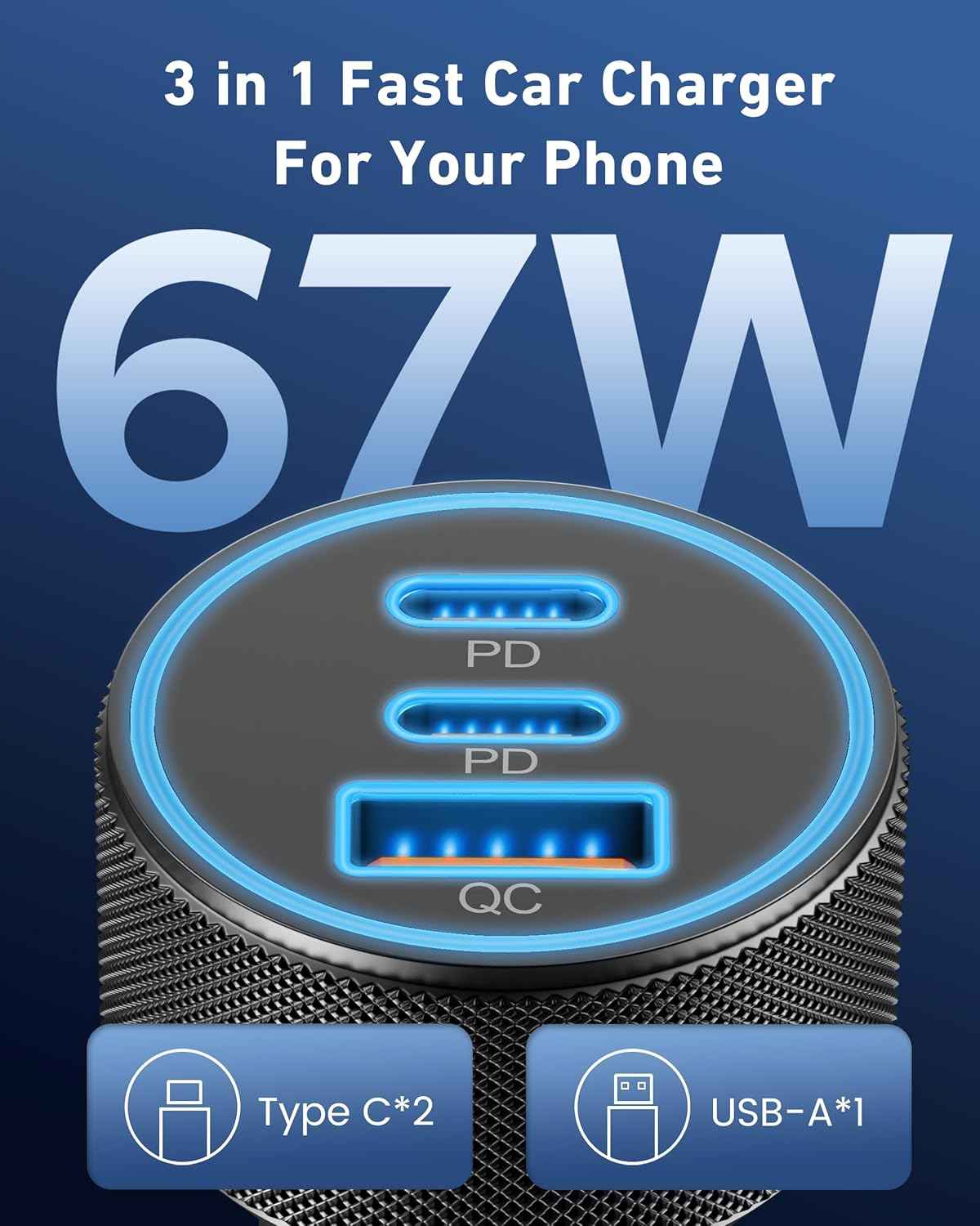 67W 3-Port Super Fast Type C Car Charger USB C for Samsung Galaxy S25 S24 S23 S22 S21 Ultra, iPhone 17/Air/16/15 Pro Max, Android, PD/QC Car Phone Adapter Accessories for Men Women + 3FT USB-C Cable
