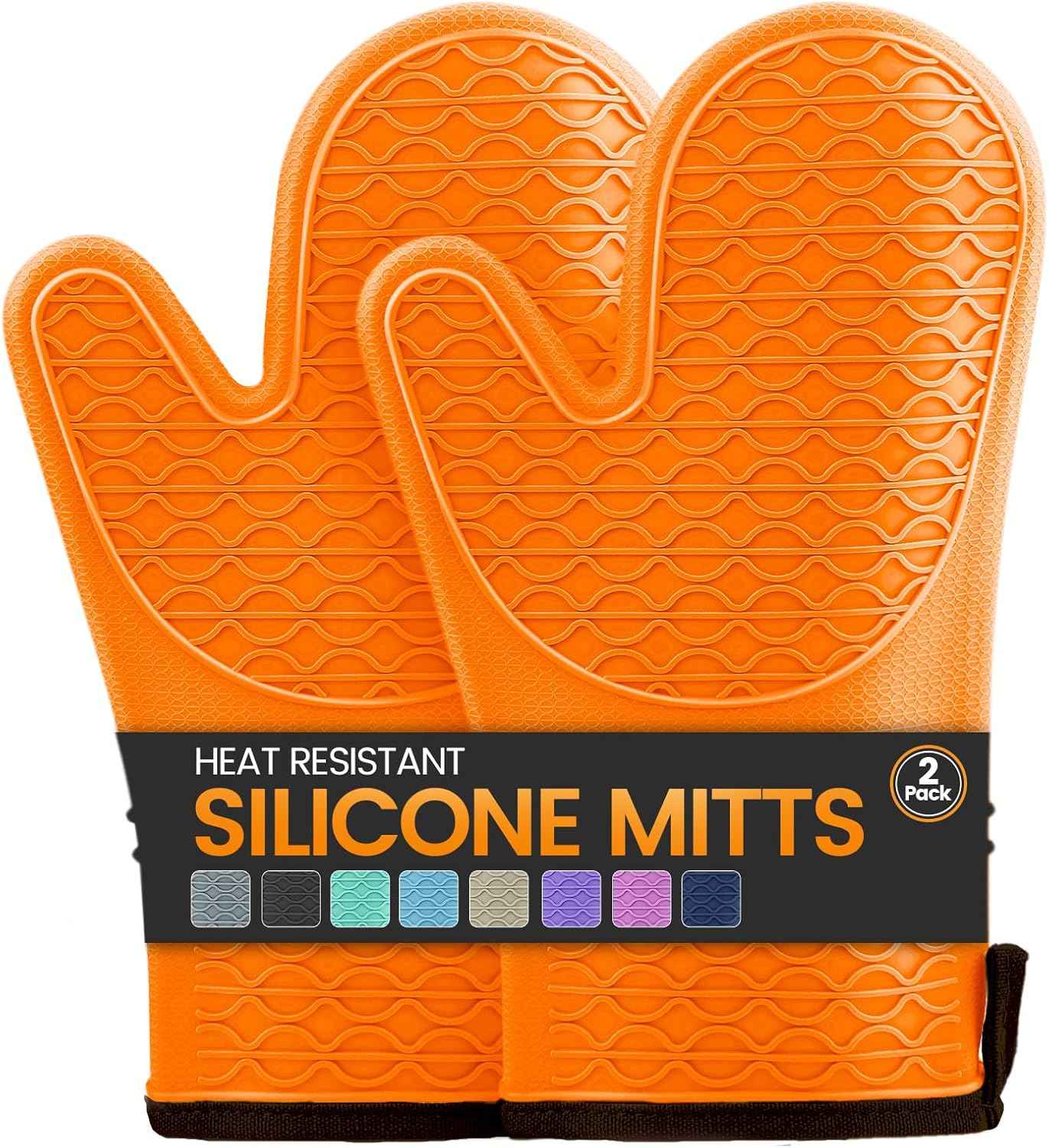 Silicone Oven Mitts, Heat Resistant 2PCS Oven Mitts with Soft Cotton Lining, Waterproof Non-Slip Grip Oven Glove, Kitchen Potholder Mits for BBQ, Baking, Cooking, 12.5 Inch - Grey