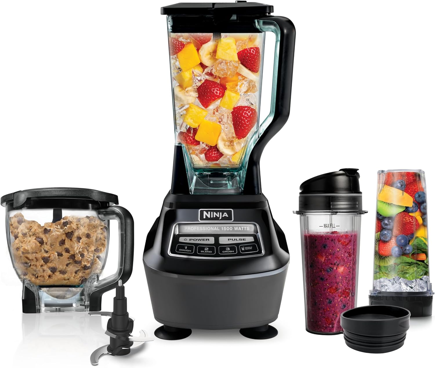 Ninja Kitchen System | All-in-One Food Processor & Blender for Smoothies | Includes Pitcher, (2) 16 oz. To-Go Cups & 8-Cup Bowl | Makes Salsa, Dough, Shakes, & Frozen Drinks | 1500W | Black | BL770