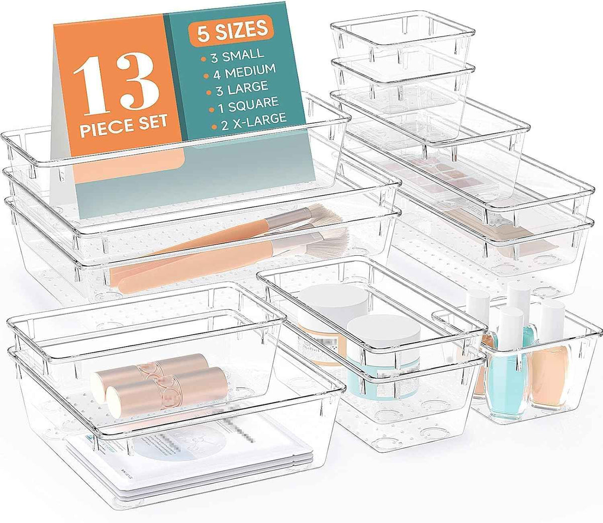 16 PCS Drawer Organizer Set, 5 Varied Size Bathroom and kitchen Drawer cabinet organizer Trays, Clear Storage Bins for Makeup, Jewelry, Utensils and Gadgets