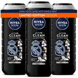 NIVEA MEN Real Madrid Limited Edition Design Active Clean Body Wash with Natural Charcoal for Normal to Oily Skin, 3-in-1 Charcoal Body Wash, Face and Hair, 16.9 Fl Oz Bottle, Pack of 3